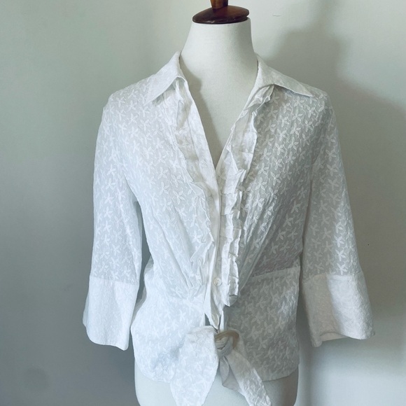 Lafayette 148 New York White Ruffled Blouse with Notched Collar - Picture 1 of 7
